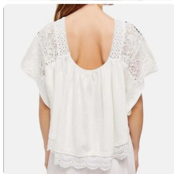 Free People White/black Short Sleeve Square Neck floral embroidered top size S - Picture 2 of 11